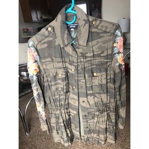 Floral embroidered camo military jacket